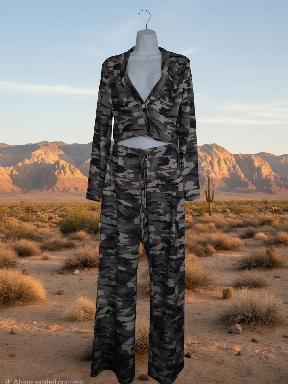 Women's Camouflage Wide-Leg Lounge Pants & Cropped Jacket Set - Green Camo